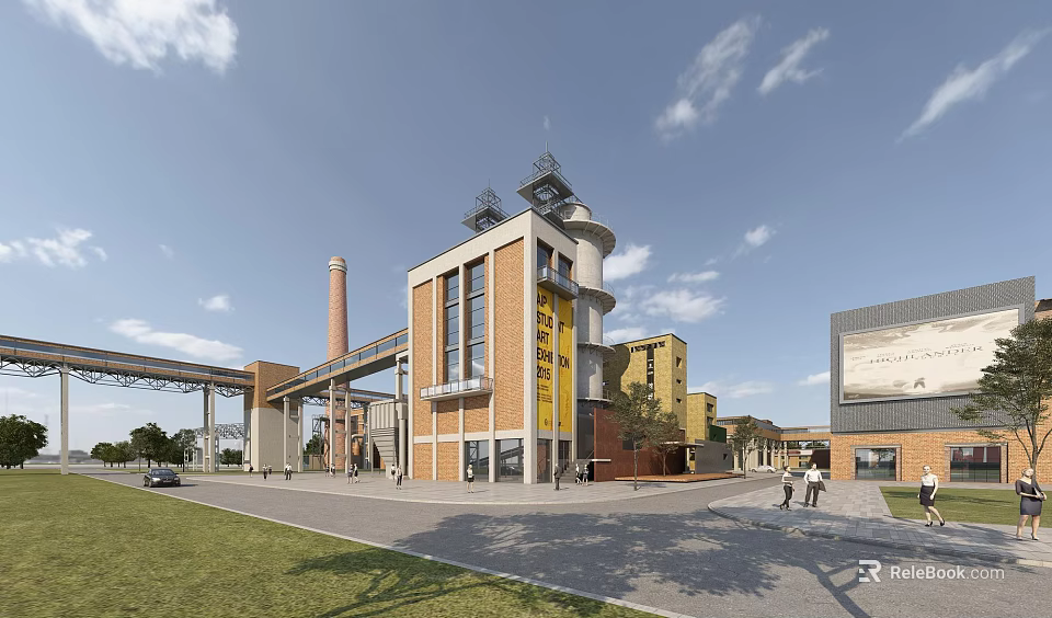 Modern Renovated Industrial Factory Building With Red Brick Facade And Tall Watchtower 3d model 