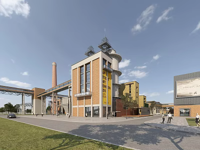Modern Renovated Industrial Factory Building With Red Brick Facade And Tall Watchtower 3d model