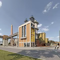 Modern Renovated Industrial Factory Building With Red Brick Facade And Tall Watchtower