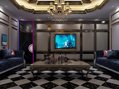 Luxurious KTV Interior With Blue Sofas Large Screen TV Chandelier And Black White Checkered Floor 3d model