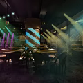 Modern Bar Interior With Colorful Stage Lights Tables And Comfortable Chairs