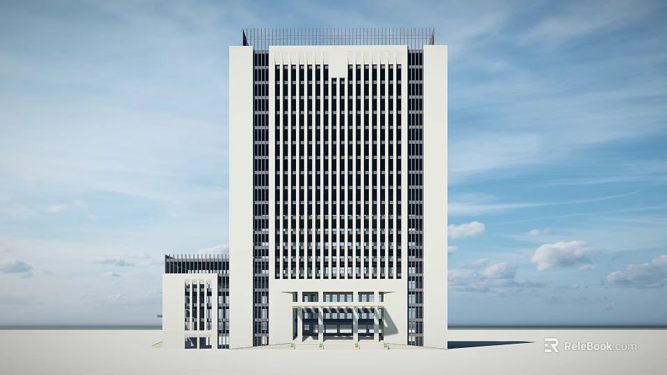 Modern Office Building With Tall Structure Large Windows Clean Design And Attached Annex 3d model 