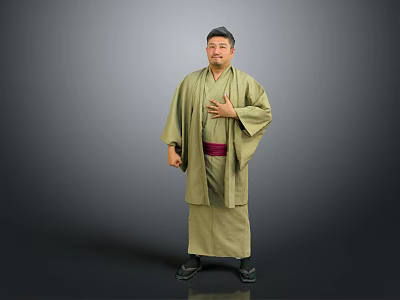 Man Wearing Green Kimono With Red Belt Standing With Hands On Chest Against Gray Background 3d model