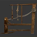 Antique Wooden Loom Structure With Wooden Frame Yarn And Woven Fabric