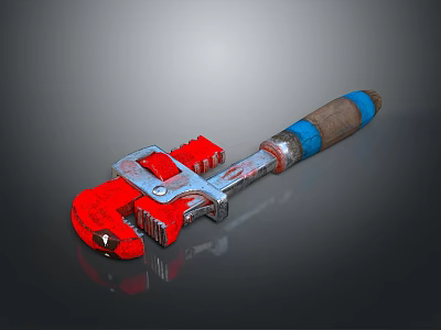 Red And Silver Adjustable Wrench With Blue Wooden Handle As Household Tool Item 3d model