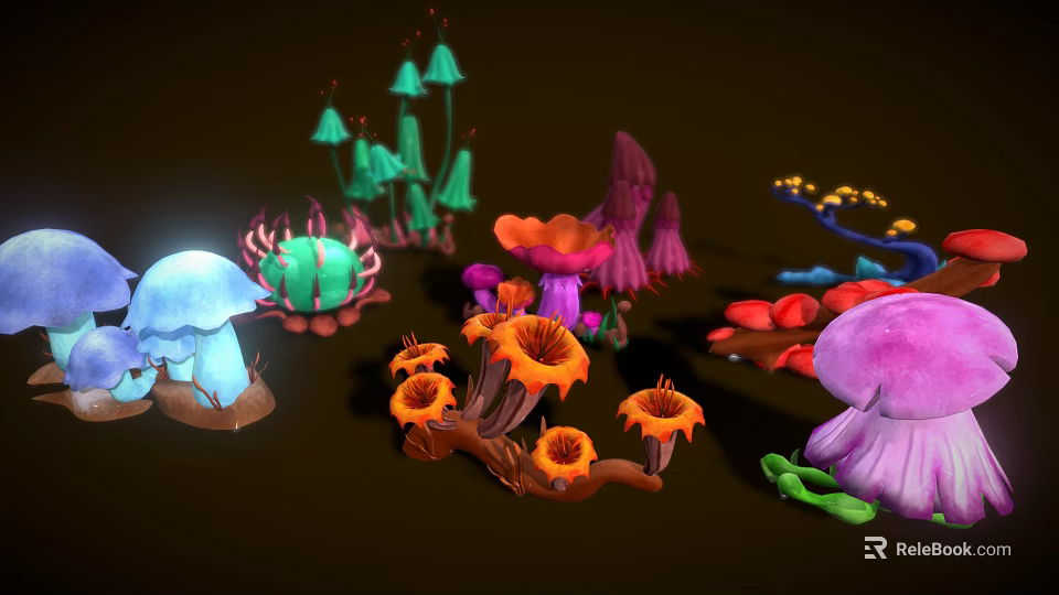 Vibrant Fantasy Plants With Colorful Shapes And Glowing Elements On Dark Background 3d model 