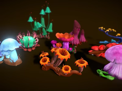 Vibrant Fantasy Plants With Colorful Shapes And Glowing Elements On Dark Background 3d model