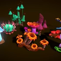 Vibrant Fantasy Plants With Colorful Shapes And Glowing Elements On Dark Background