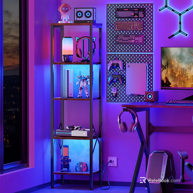 Modern Multi Tiered Metal Gaming Shelf With Headphones Controller And Neon Lighting 3d model 