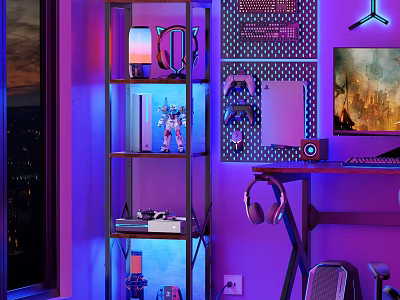 Modern Multi Tiered Metal Gaming Shelf With Headphones Controller And Neon Lighting 3d model