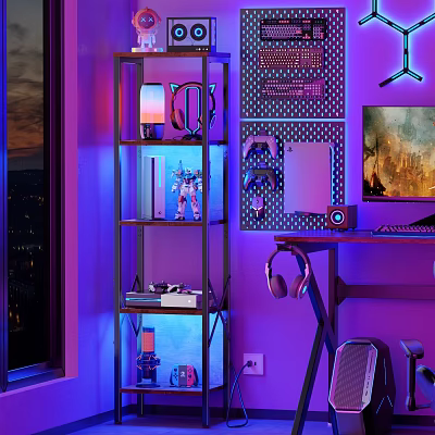 Modern Multi Tiered Metal Gaming Shelf With Headphones Controller And Neon Lighting 3d model
