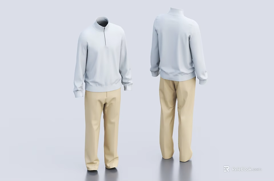 Casual Clothing Set With White Stand Collar Long Sleeve Top And Beige Pants 3d model 