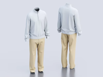 Casual Clothing Set With White Stand Collar Long Sleeve Top And Beige Pants 3d model