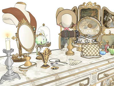 Luxurious Dressing Table With Golden Mirrors Candle Holder Glass Dome Jewelry Box And Decorative Items 3d model