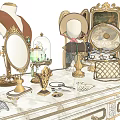 Luxurious Dressing Table With Golden Mirrors Candle Holder Glass Dome Jewelry Box And Decorative Items
