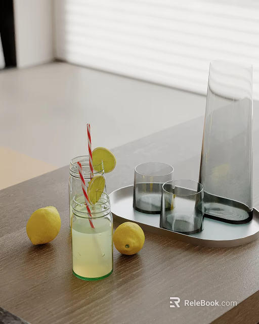 Fresh Lemonade Glasses With Striped Straws Lemons And Carafe On Metal Tray Wooden Table 3d model 