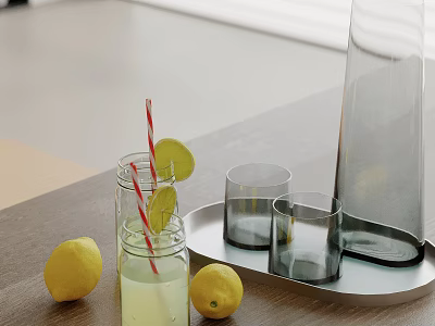 Fresh Lemonade Glasses With Striped Straws Lemons And Carafe On Metal Tray Wooden Table 3d model