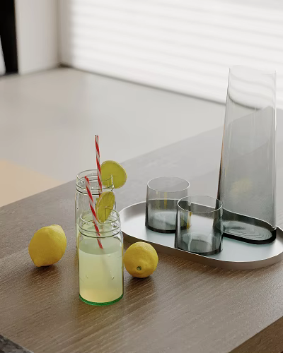 Fresh Lemonade Glasses With Striped Straws Lemons And Carafe On Metal Tray Wooden Table 3d model