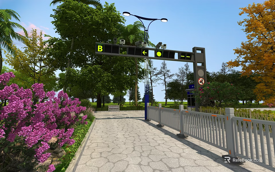 Well-Designed Road Infrastructure with Street Lamps Directional Signage Pedestrian Walkway and Lush Greenery 3d model 
