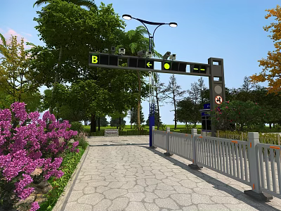 Well-Designed Road Infrastructure with Street Lamps Directional Signage Pedestrian Walkway and Lush Greenery 3d model