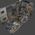 KOMATSU Yellow Excavator Engaged In Demolition Work Amidst Rubble And Old Buildings