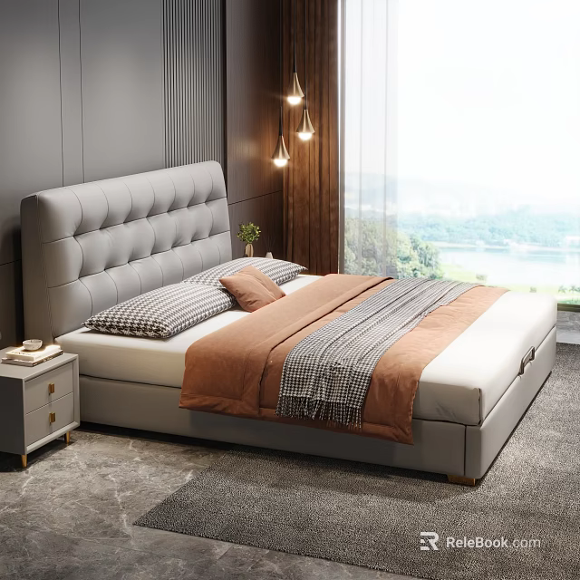 Modern Bedroom With Tufted Gray Headboard Orange Bedding Striped Pillows Nightstand Window Natural Light View 3d model 