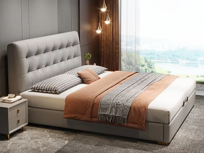 Modern Bedroom With Tufted Gray Headboard Orange Bedding Striped Pillows Nightstand Window Natural Light View 3d model