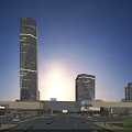 Modern Tall Office Towers With Glass Curtain Walls Urban Setting Traffic Roads And Blue Sky