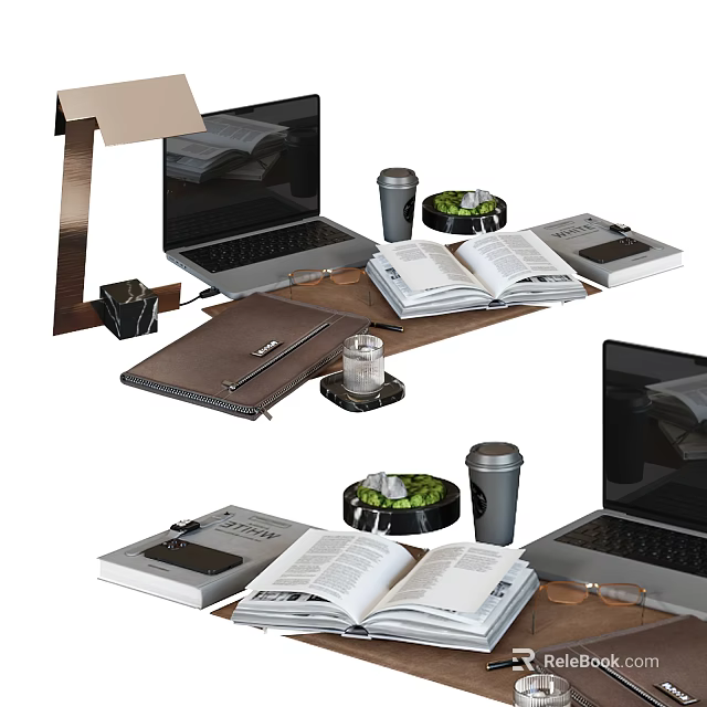 Organized Workspace Setup With Laptop Open Book Coffee Cup Green Plant Pen And Glasses 3d model 