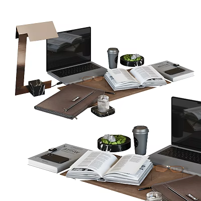 Organized Workspace Setup With Laptop Open Book Coffee Cup Green Plant Pen And Glasses 3d model