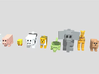 Block Shaped Pixel Style Animal Characters Including Pig Tiger Elephant And Giraffe 3d model
