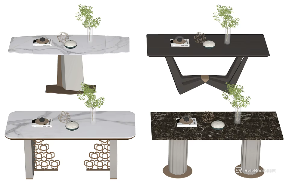 Modern Dining Table With Marble Top And Geometric Legs Featuring Small Green Plants Decor 3d model