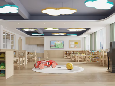 Bright Kindergarten Classroom Interior With Cloud Shaped Lights Wooden Tables Bookshelves And Toy Car 3d model