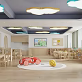 Bright Kindergarten Classroom Interior With Cloud Shaped Lights Wooden Tables Bookshelves And Toy Car