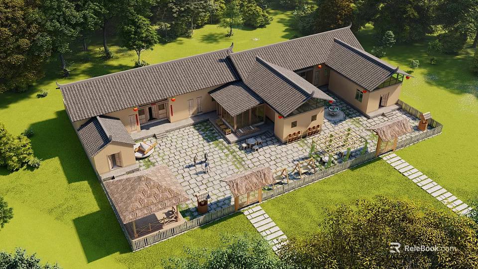 Traditional Homestay Architecture With Gray Tiled Roof Courtyard Stone Paved Path Lawn And Trees 3d model 