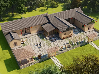 Traditional Homestay Architecture With Gray Tiled Roof Courtyard Stone Paved Path Lawn And Trees 3d model