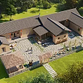 Traditional Homestay Architecture With Gray Tiled Roof Courtyard Stone Paved Path Lawn And Trees
