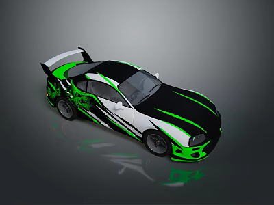 Green And White Striped Sports Car With Rear Spoiler And Sleek Aerodynamic Body 3d model