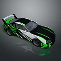 Green And White Striped Sports Car With Rear Spoiler And Sleek Aerodynamic Body