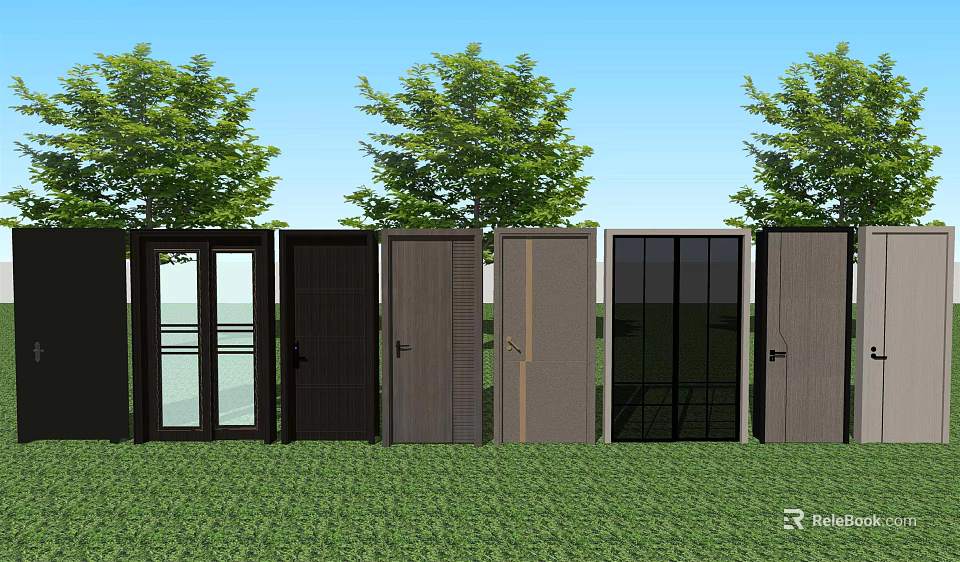 Outdoor Hinged Doors With Various Styles Displayed Against Green Trees And Grass 3d model 