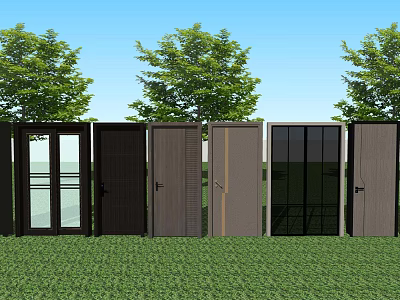 Outdoor Hinged Doors With Various Styles Displayed Against Green Trees And Grass 3d model