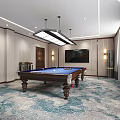 Billiard Room Interior With Blue Pool Table Sofa Potted Plants Cue Rack And Ceiling Lights