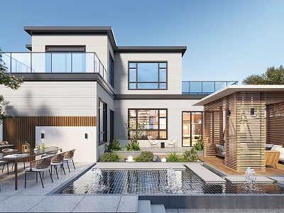 Modern Villa Courtyard Garden Landscape With Water Pool Outdoor Dining Wooden Pavilion and Green Plants 3d model