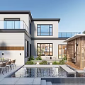 Modern Villa Courtyard Garden Landscape With Water Pool Outdoor Dining Wooden Pavilion and Green Plants