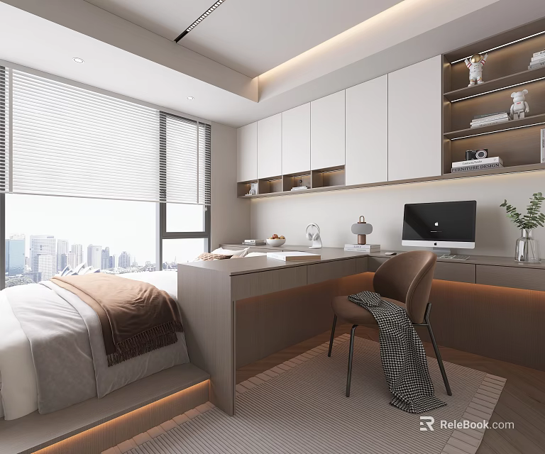 Modern Tatami Bedroom Interior With Writing Desk Chair Window City View White Cabinets And Shelves 3d model 