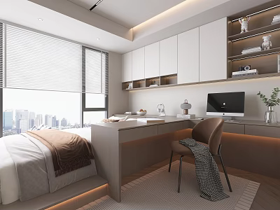 Modern Tatami Bedroom Interior With Writing Desk Chair Window City View White Cabinets And Shelves 3d model