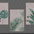 Tropical Plant Paintings With Golden Frames And Geometric Patterns On Gray Wall 3d model
