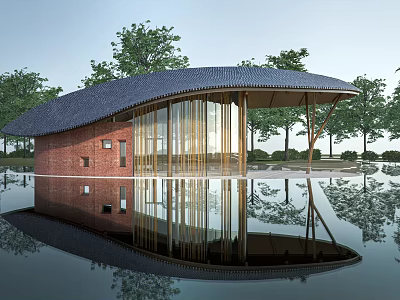 Modern Pavilion With Curved Dark Tile Roof Glass Wooden Structure And Water Reflection Among Trees 3d model