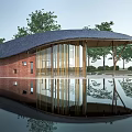 Modern Pavilion With Curved Dark Tile Roof Glass Wooden Structure And Water Reflection Among Trees