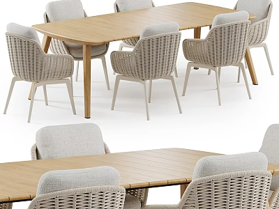 Modern Wooden Dining Table Set With Rattan Chairs And Light Gray Cushions 3d model